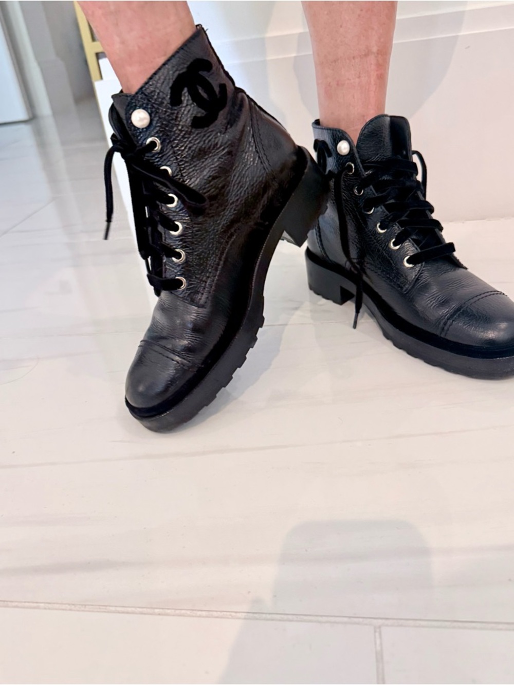 CHANEL Black Leather Lace-Up Ankle Boots with Pearl Accents - Picture 7 of 8